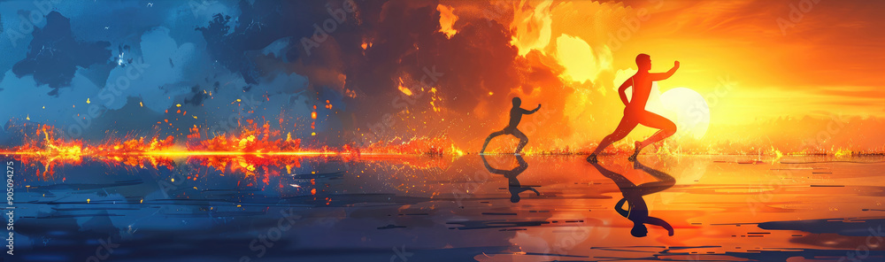 Two figures run energetically along the water as a stunning sunset illuminates the sky Two figures run energetically along the water as a stunning sunset illuminates the sky