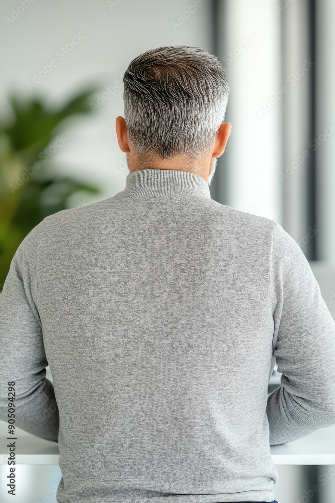 A back view of a man in a gray sweater, contemplating life in a modern, bright space with greenery in the background. A back view of a man in a gray sweater, contemplating life in a modern, bright space with greenery in the background.