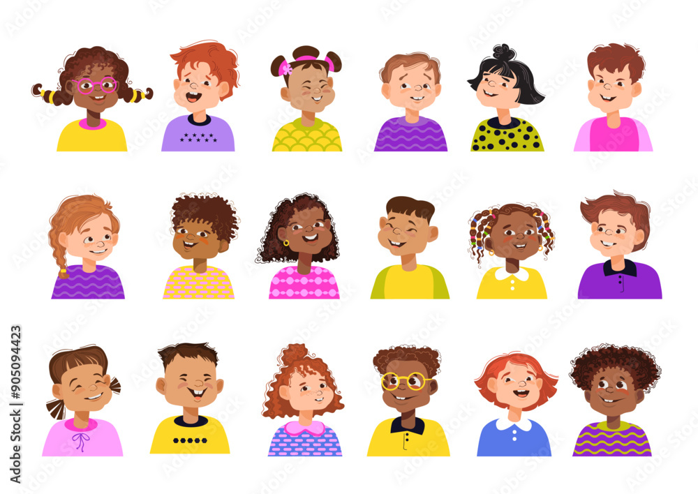 Cute cartoon children. Set of diverse portrait avatars. Bundle of smiling faces of boys and girls. Diverse multiethnic children avatars. Colorful isolated icon collection. Vector flat illustration. Cute cartoon children. Set of diverse portrait avatars. Bundle of smiling faces of boys and girls. Diverse multiethnic children avatars. Colorful isolated icon collection. Vector flat illustration.