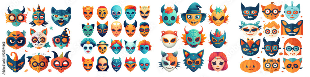 A collection of Halloween masks, including a cat, a witch, a skeleton A collection of Halloween masks, including a cat, a witch, a skeleton