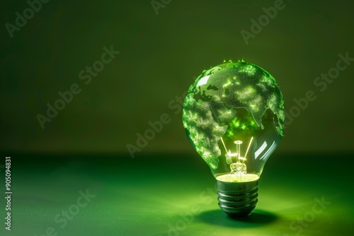 Illuminated Green Light Bulb with World Map Design on Green Background Representing Global Sustainability and Eco-Friendly Energy Solutions