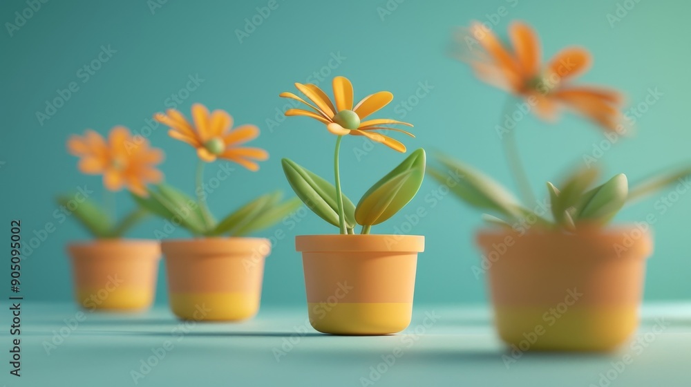 Four potted flowers with yellow petals and green leaves on a blue background Four potted flowers with yellow petals and green leaves on a blue background