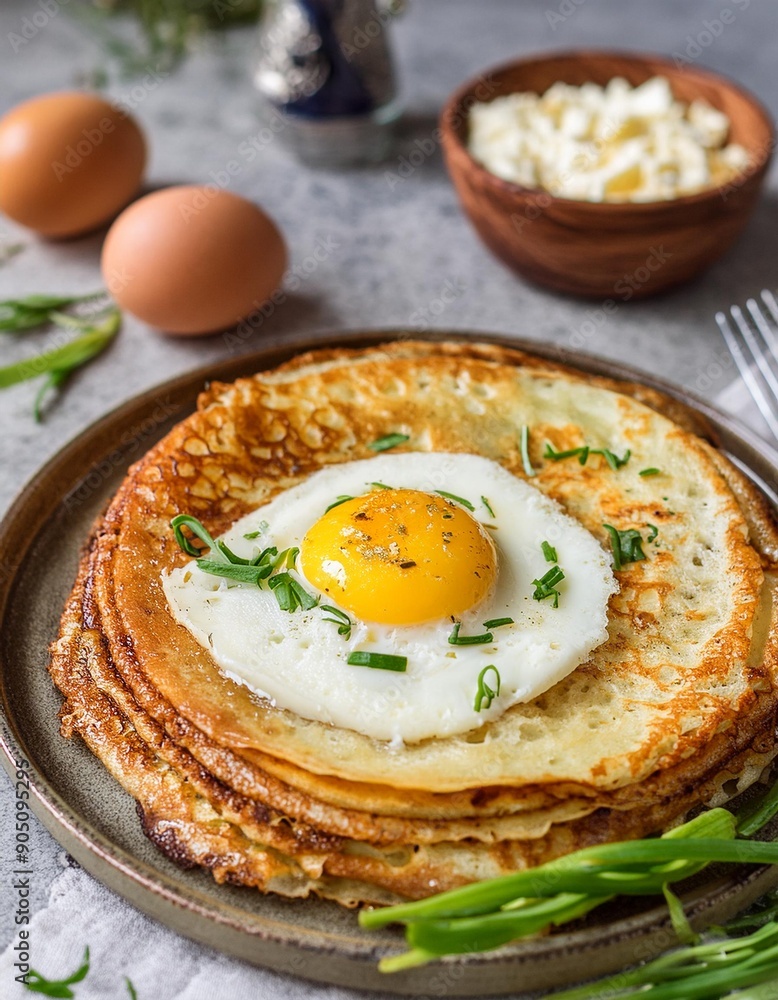 Desayuno primer plano de crepes francesas con un huevo frito encima en un bonito plato Desayuno primer plano de crepes francesas con un huevo frito encima en un bonito plato