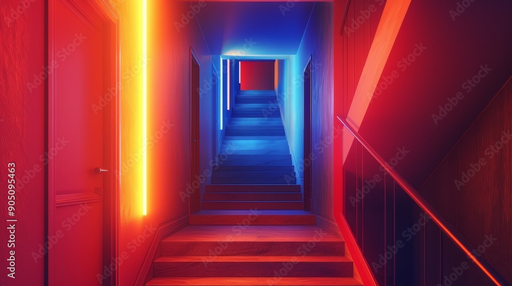 Neon lights illuminate a staircase leading to a mysterious hallway. The vibrant colors and geometric shapes create a sense of depth and intrigue. Neon lights illuminate a staircase leading to a mysterious hallway. The vibrant colors and geometric shapes create a sense of depth and intrigue.