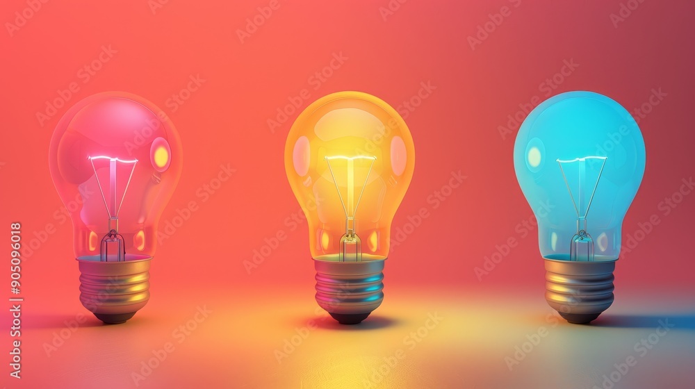 Three glowing lightbulbs in pink, yellow, and blue, against a vibrant red background. Three glowing lightbulbs in pink, yellow, and blue, against a vibrant red background.