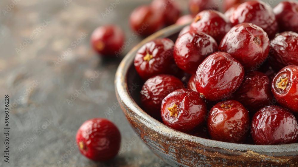 Close-up of a bowl filled with shiny red dates on a rustic background, emphasizing their texture and freshness. Close-up of a bowl filled with shiny red dates on a rustic background, emphasizing their texture and freshness.