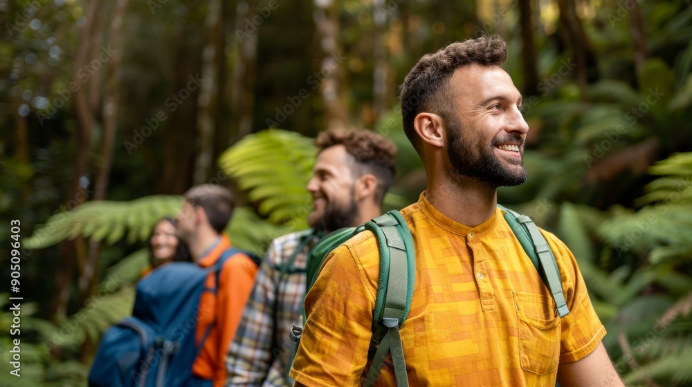 group of happy hikers exploring lush green forest trail, adventure, nature, friends, backpacks, exploration, outdoors, smiling, sunlight, green, trees group of happy hikers exploring lush green forest trail, adventure, nature, friends, backpacks, exploration, outdoors, smiling, sunlight, green, trees