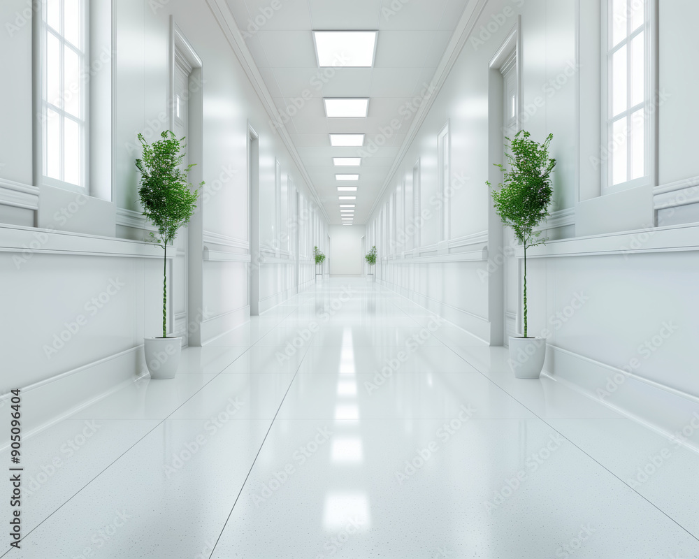 A modern, clean corridor with bright lighting and decorative plants, creating a serene and inviting atmosphere. A modern, clean corridor with bright lighting and decorative plants, creating a serene and inviting atmosphere.