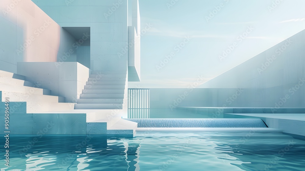 Naklejka premium Minimalistic pool with white stairs, light blue water, modern architecture, 3D rendering, soft lighting, gentle shadows, sleek design, serene ambiance