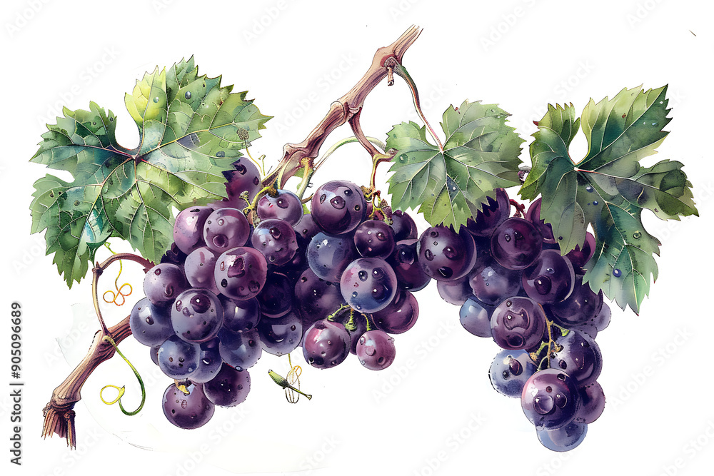 Fototapeta premium grapes and vine leaves watercolor illustration. Red bunch of grapes