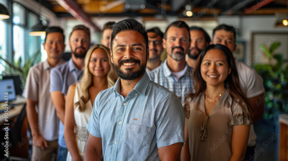 Fototapeta premium Diverse group of professionals standing together in a modern office, highlighting teamwork and collaboration.