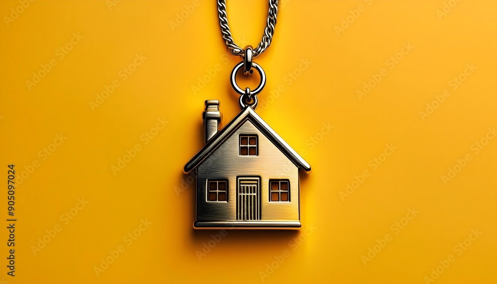 House-shaped keychain on a yellow background House-shaped keychain on a yellow background