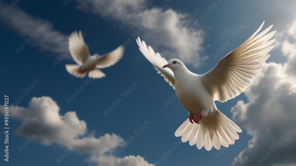 Obraz premium Symbol of Peace: White Dove in Flight and Peace Signs in the Sky