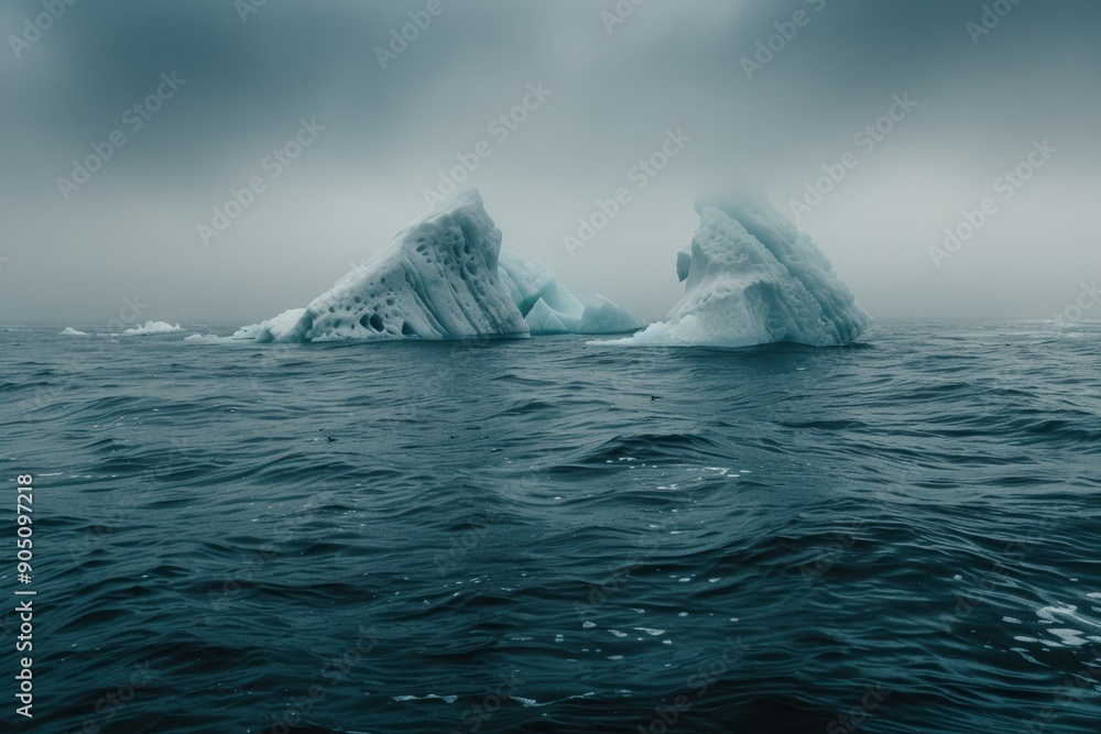 Two icebergs float in the vast ocean under a cloudy sky, Icebergs floating in a vast ocean Two icebergs float in the vast ocean under a cloudy sky, Icebergs floating in a vast ocean