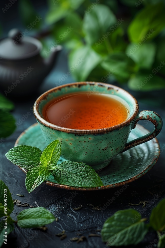Refreshing Mint Tea Served in an Elegant Cup Surrounded by Fresh Mint Leaves Refreshing Mint Tea Served in an Elegant Cup Surrounded by Fresh Mint Leaves