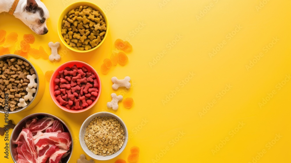 Pet care concept illustrated with dry food meat in bowls and bones on a yellow background top view with space for text Pet care concept illustrated with dry food meat in bowls and bones on a yellow background top view with space for text