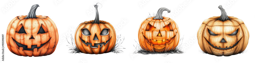 Four pumpkins with different expressions, one of which is smiling Four pumpkins with different expressions, one of which is smiling