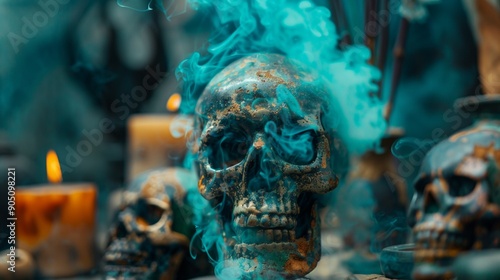 Smoky skull with candles in dark setting