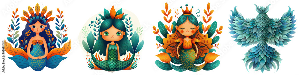 Four different mermaids with one of them wearing a crown Four different mermaids with one of them wearing a crown