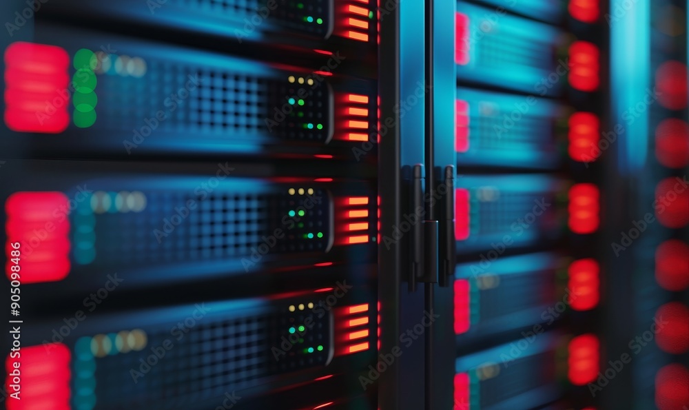 data center server rack with illuminated lights, close-up view of modern technology infrastructure, high-performance computing, network hardware, digi data center server rack with illuminated lights, close-up view of modern technology infrastructure, high-performance computing, network hardware, digi