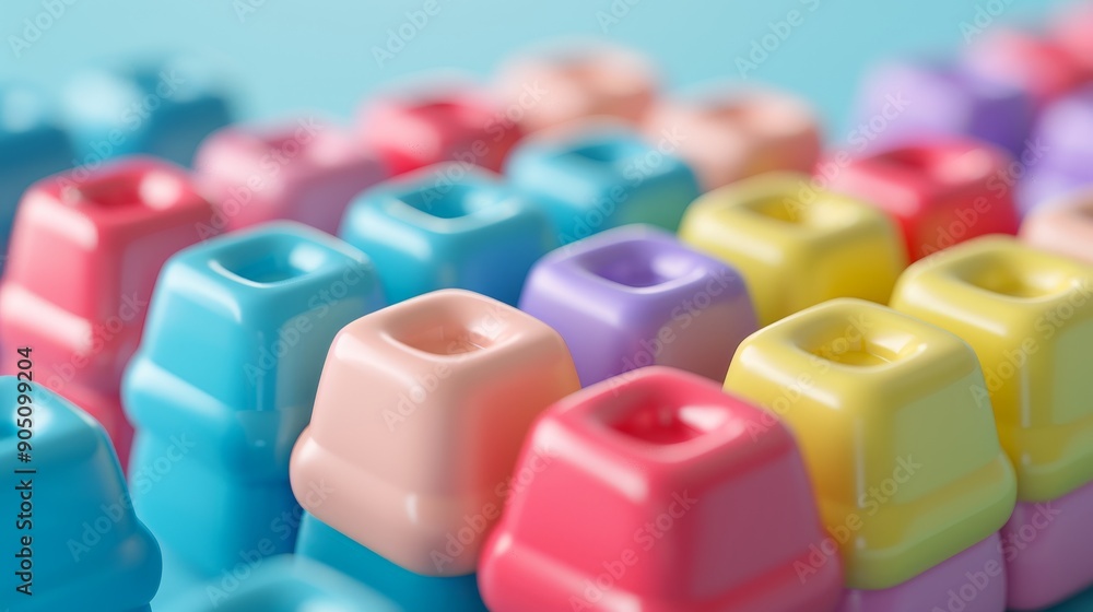 A close-up of colorful, glossy, plastic objects arranged in rows. The smooth, rounded edges create a playful and abstract design. A close-up of colorful, glossy, plastic objects arranged in rows. The smooth, rounded edges create a playful and abstract design.