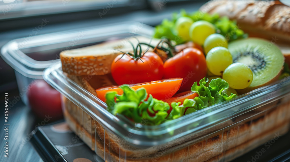 A plastic lunchbox filled with fresh vegetables and fruits including tomatoes, lettuce, kiwi, grapes, and bread on a table. A plastic lunchbox filled with fresh vegetables and fruits including tomatoes, lettuce, kiwi, grapes, and bread on a table.