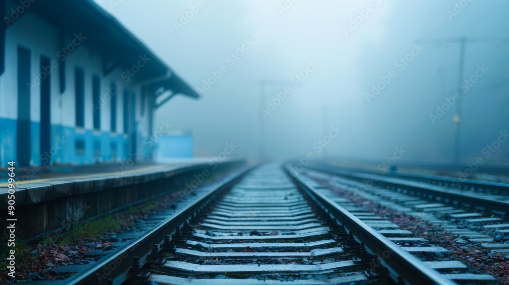 empty train tracks disappearing into fog at a rural train station - misty morning atmosphere empty train tracks disappearing into fog at a rural train station - misty morning atmosphere