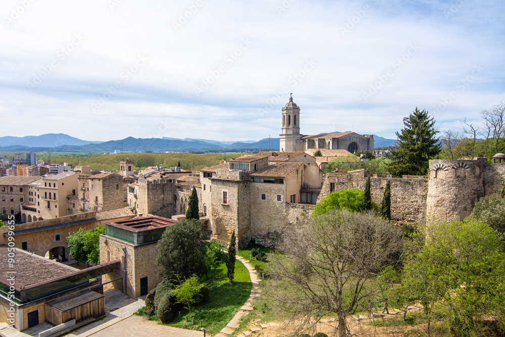 Historic view of Girona with cathedral Historic view of Girona with cathedral