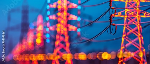 abstract nighttime power lines and city lights - bokeh effect, electrical transmission tower, electric network, urban infrastructure, energy, technolo