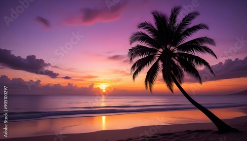 A tropical beach scene with a silhouetted palm tree against a vibrant sunset sky