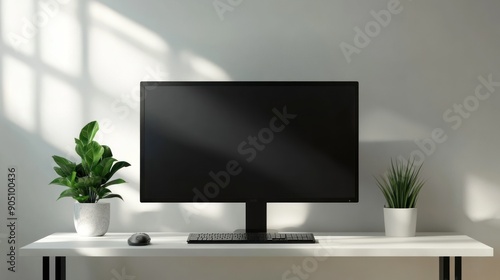 black computer monitor and plants on white table