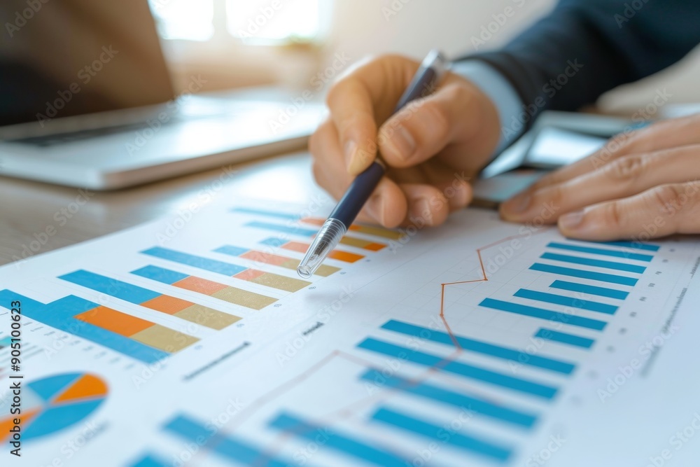 Business Professional Analyzing Financial Data with Graphs and Charts on Office Desk Business Professional Analyzing Financial Data with Graphs and Charts on Office Desk