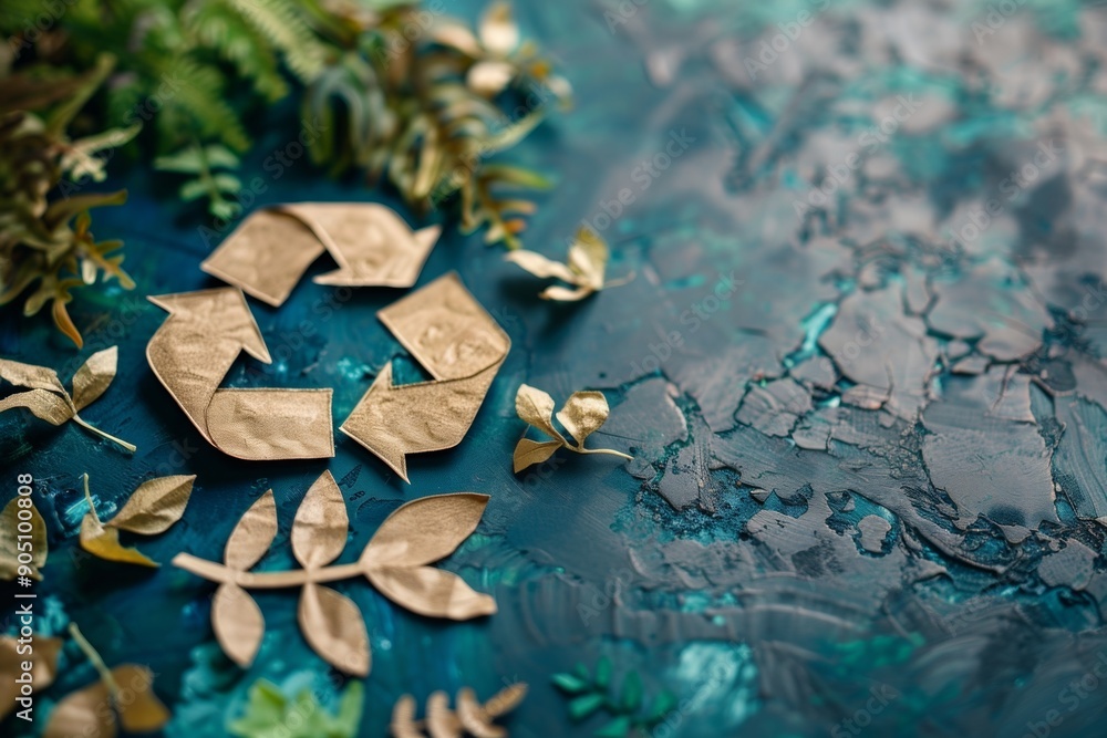 Golden Recycle Symbol on Artistic Green Background with Leaves Representing Environmental Sustainability and Eco-Friendly Practices Golden Recycle Symbol on Artistic Green Background with Leaves Representing Environmental Sustainability and Eco-Friendly Practices