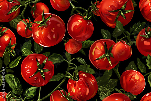 Tomatoes seamless pattern on a black background. Red ripe tomatoes with a green stem. Great for menus, labels, packaging.