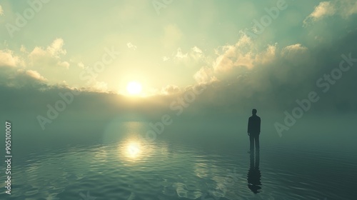 A lone figure stands on a misty lake, silhouetted against the rising sun and a sky filled with clouds.