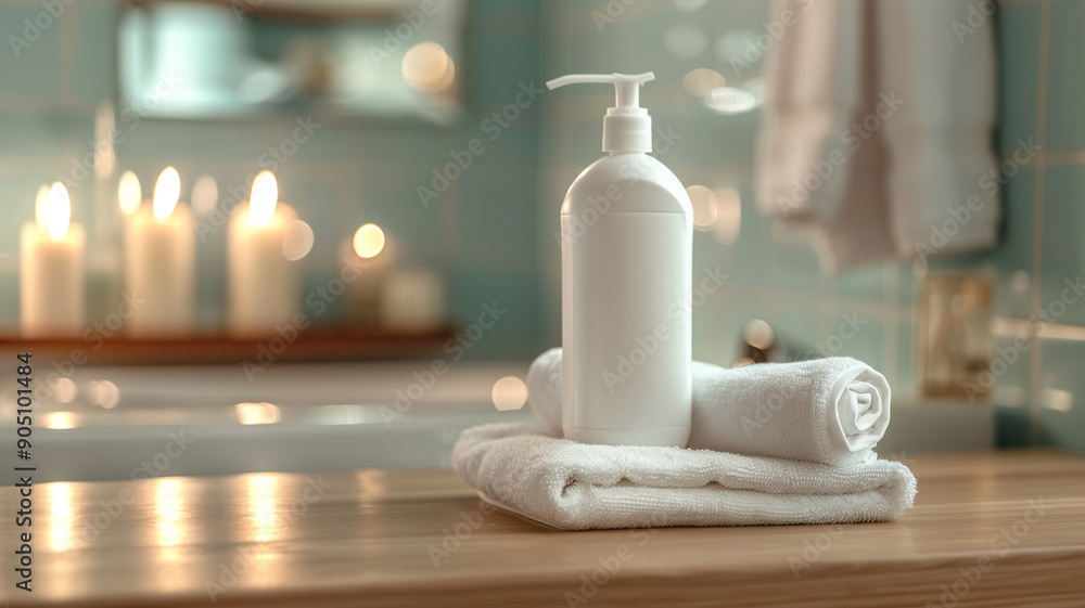 A white bottle of shampoo with stacked towels on a table against a blurred bathroom background, mock up for a design template A white bottle of shampoo with stacked towels on a table against a blurred bathroom background, mock up for a design template