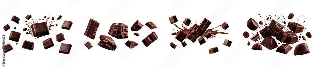 Set of Delicious chocolate pieces, fresh dark brown chocolate with falling piece cut out isolated on a transparent background Set of Delicious chocolate pieces, fresh dark brown chocolate with falling piece cut out isolated on a transparent background
