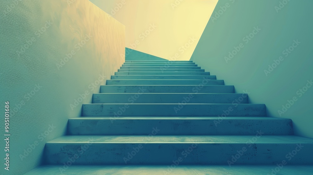 Fototapeta premium A perspective view of a concrete staircase leading upwards towards a bright, unseen space