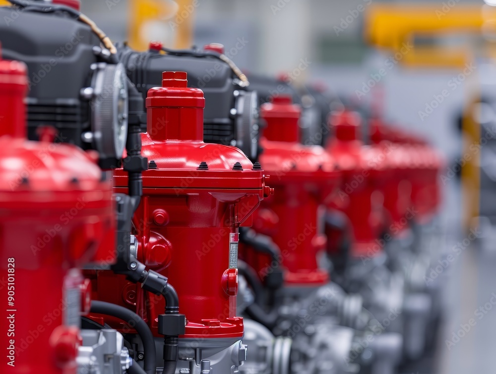 industrial production line of red painted engines in a modern factory setting. industrial production line of red painted engines in a modern factory setting.