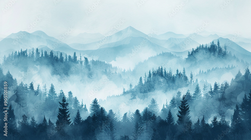 Obraz premium Abstract foggy forest landscape with misty mountains