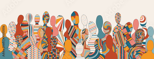 Abstract silhouettes front view with geometric figures of diverse people. Racial Equality Diversity Inclusion concept. Gender Equality. Mixed. Community diverse culture. Banner