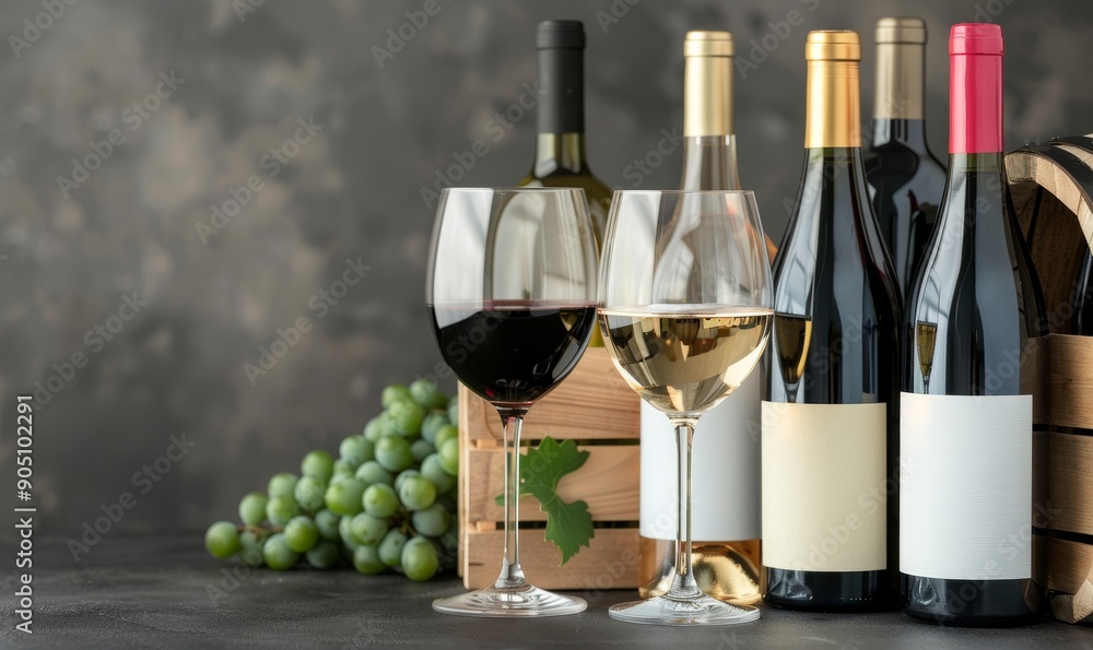 Obraz premium wine tasting set with red and white bottles, glasses, grapes, and wooden crate on rustic background.