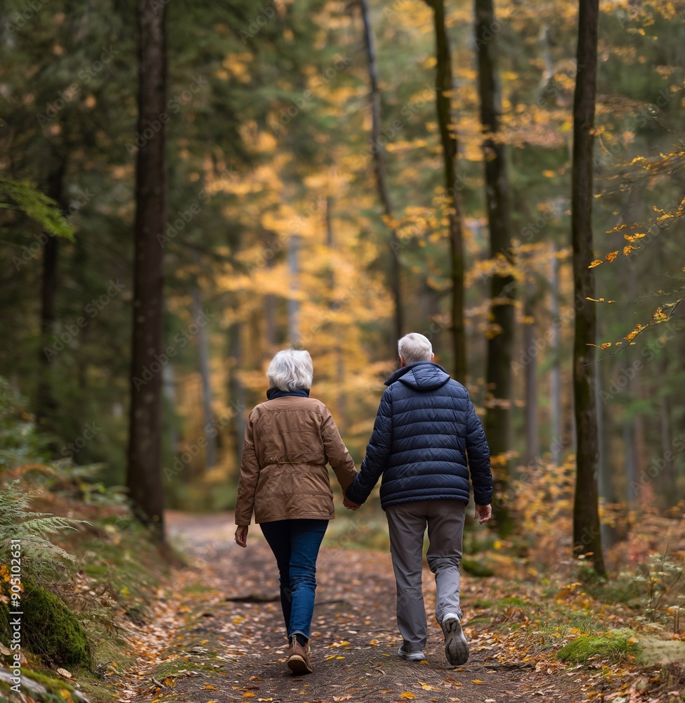 Fototapeta premium Behind the old couple walking hand in hand in the forest