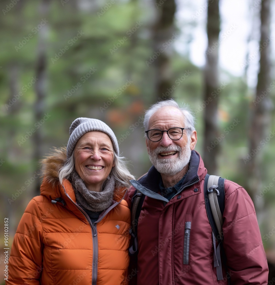 An elderly couple walking in the forest with happy faces. AI generator An elderly couple walking in the forest with happy faces. AI generator