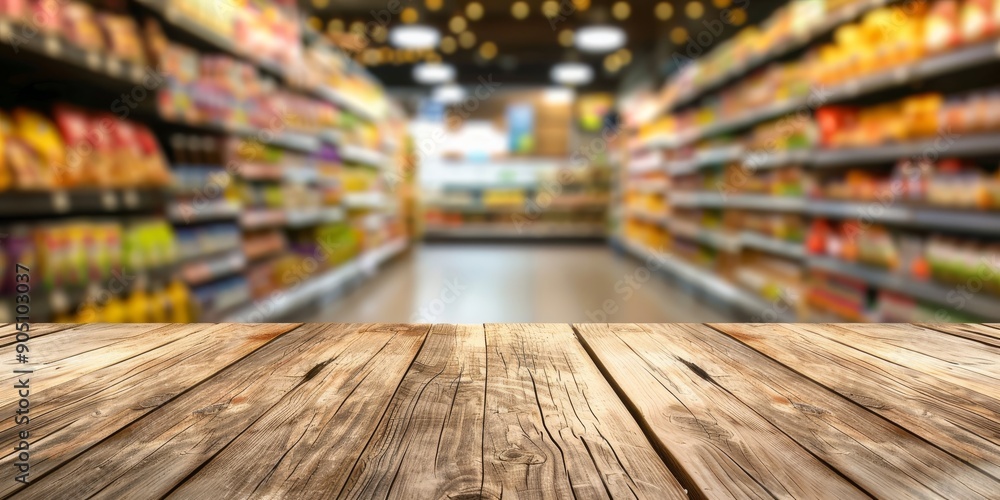 Aisle View of a Grocery Store with Various Products on Shelves and Displayed Items Aisle View of a Grocery Store with Various Products on Shelves and Displayed Items