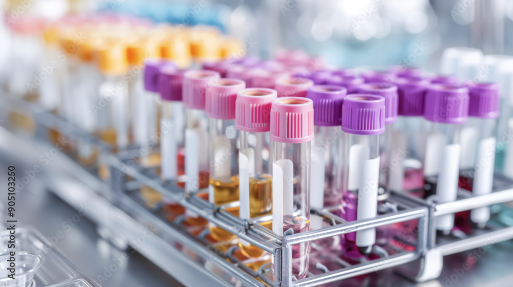 Close-up of laboratory test tubes organized in a rack, showcasing various colors and types, essential for scientific research. Close-up of laboratory test tubes organized in a rack, showcasing various colors and types, essential for scientific research.
