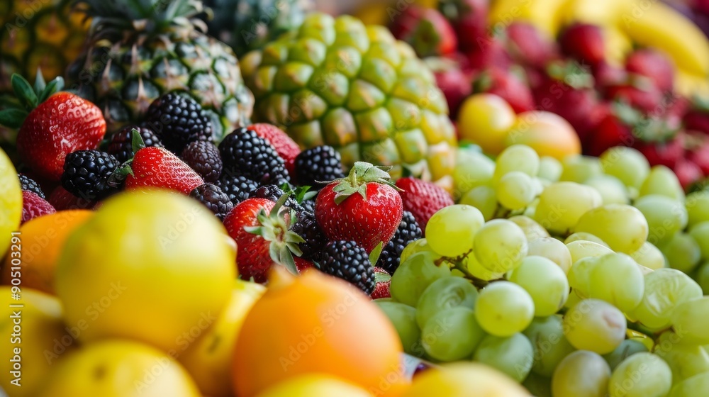 Assorted fresh fruits including strawberries and grapes Assorted fresh fruits including strawberries and grapes