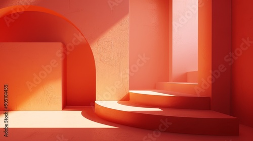 Abstract 3D render of a modern, minimalist interior space with a staircase and archway bathed in warm light.