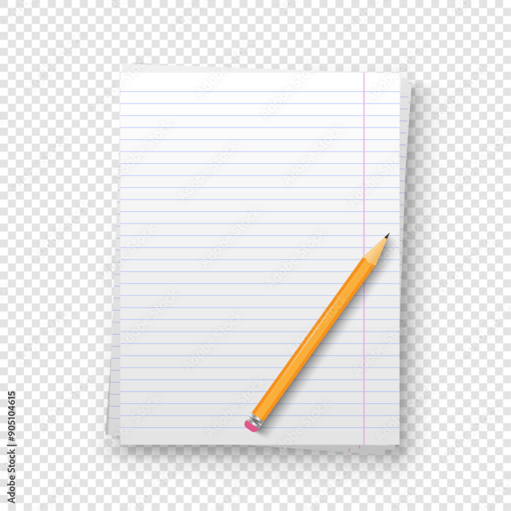 Vector stack of white lined paper sheet. Realistic notebook pages with lines. Clean ruled school notebook pages with shadow and pencil on transparent background. Vector stack of white lined paper sheet. Realistic notebook pages with lines. Clean ruled school notebook pages with shadow and pencil on transparent background.
