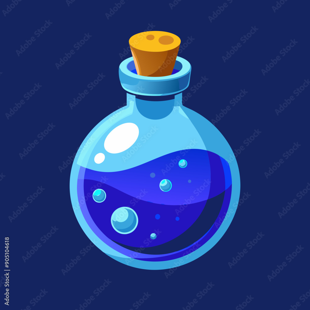 A glass potion bottle with a blue colored stopper A glass potion bottle with a blue colored stopper